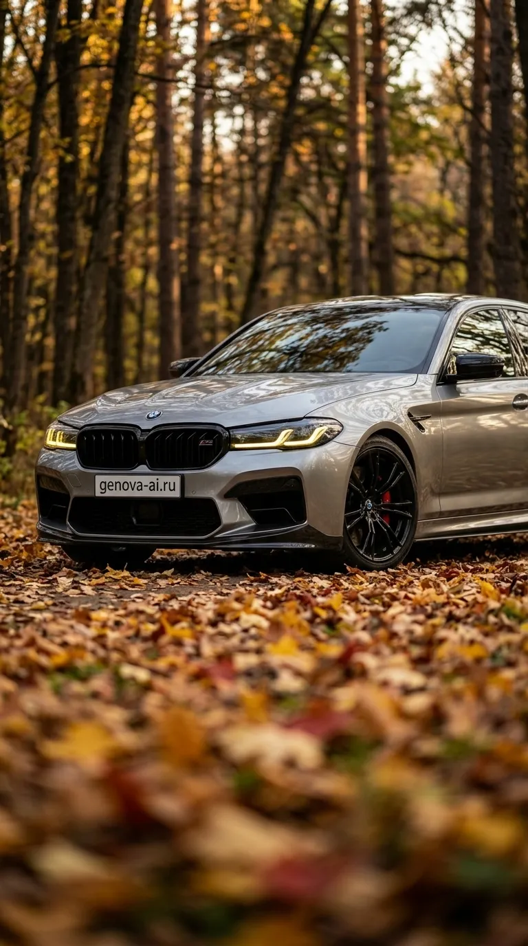BMW M5 — осенняя фотосессия в золотом лесу — кадр 1